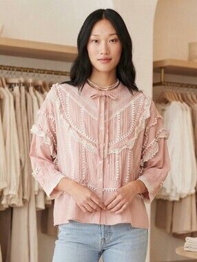 Maeve Anthropologie Pink Lace Pom Pom Button Down Blouse Medium EUC
